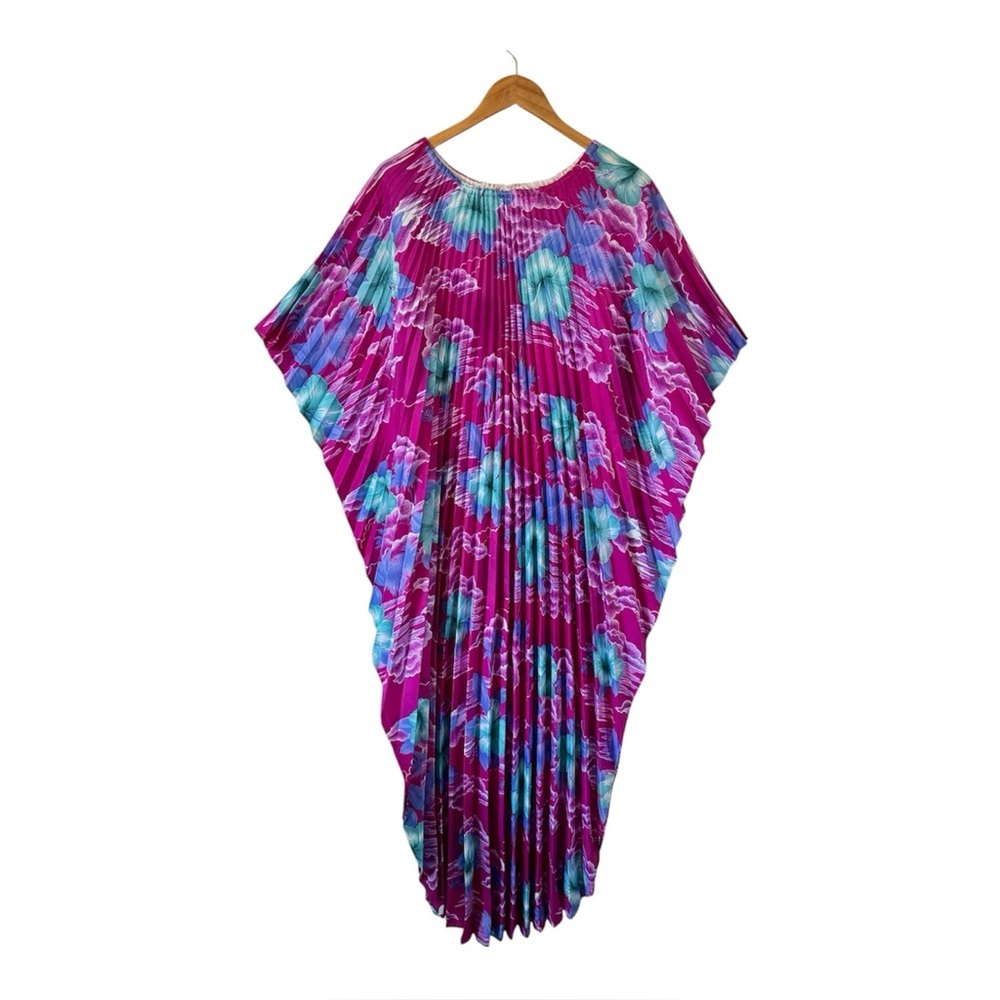 Vintage Hilo Hattie Caftan‎ Pleated Hawaiian Dress Hibiscus Floral One Size